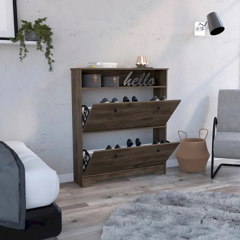 Meuble à chaussures avec étagère ouverte et deux tiroirs - Marron foncé