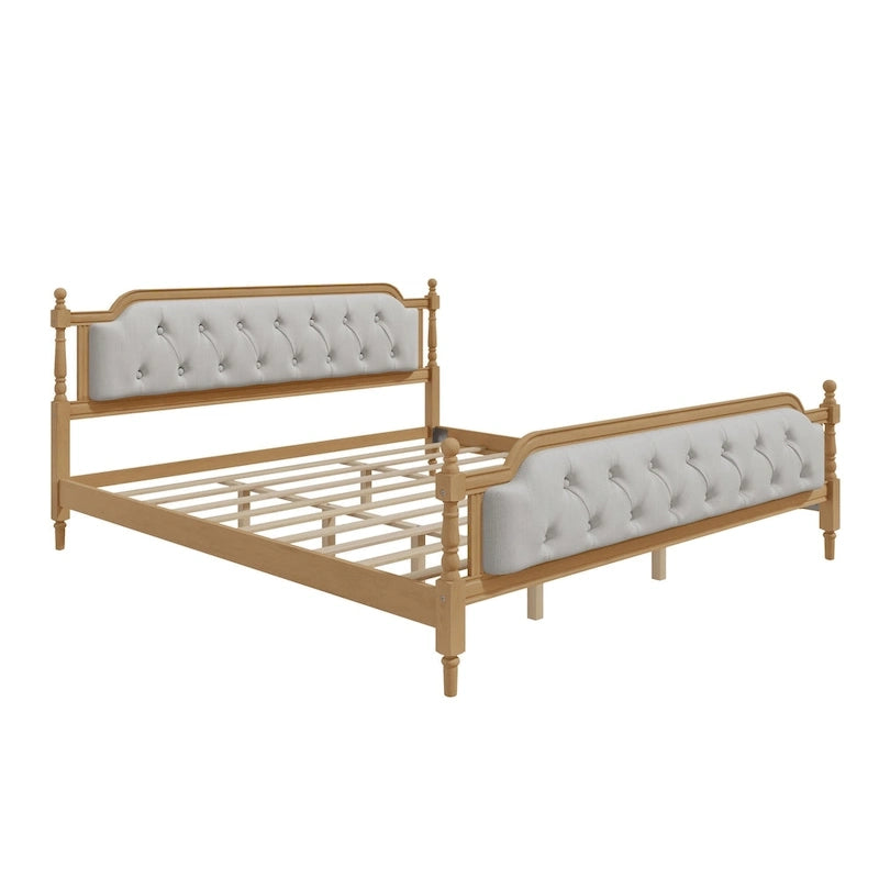 Cadre de lit en bois massif avec tête de lit capitonnée – Aucun sommier tapissier requis