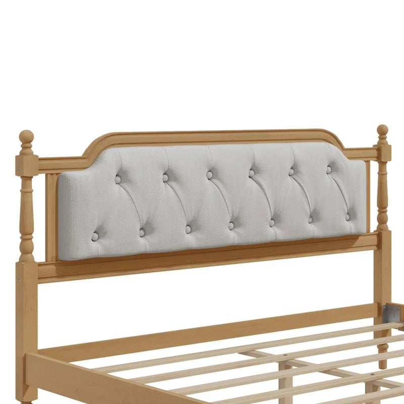 Cadre de lit en bois massif avec tête de lit capitonnée – Aucun sommier tapissier requis