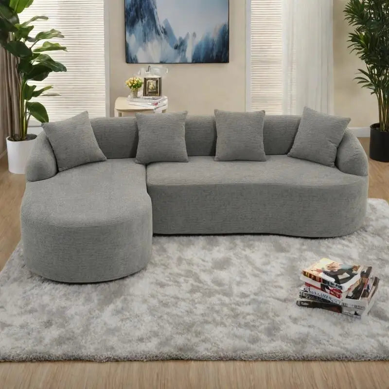 Canapé d'angle en chenille en forme de L avec méridienne et 4 oreillers