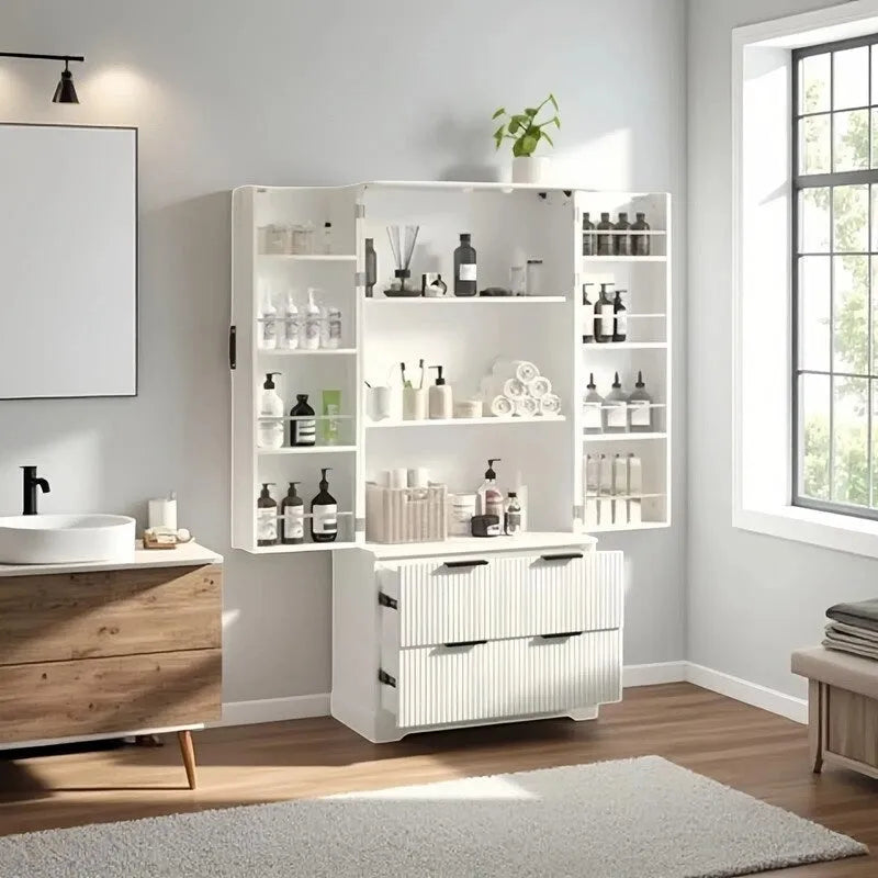 Meuble de Rangement pour Salle de Bain avec 2 Tiroirs, Étagère à 8 Compartiments et 3 Étagères