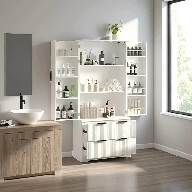 Meuble de Rangement pour Salle de Bain avec 2 Tiroirs, Étagère à 8 Compartiments et 3 Étagères