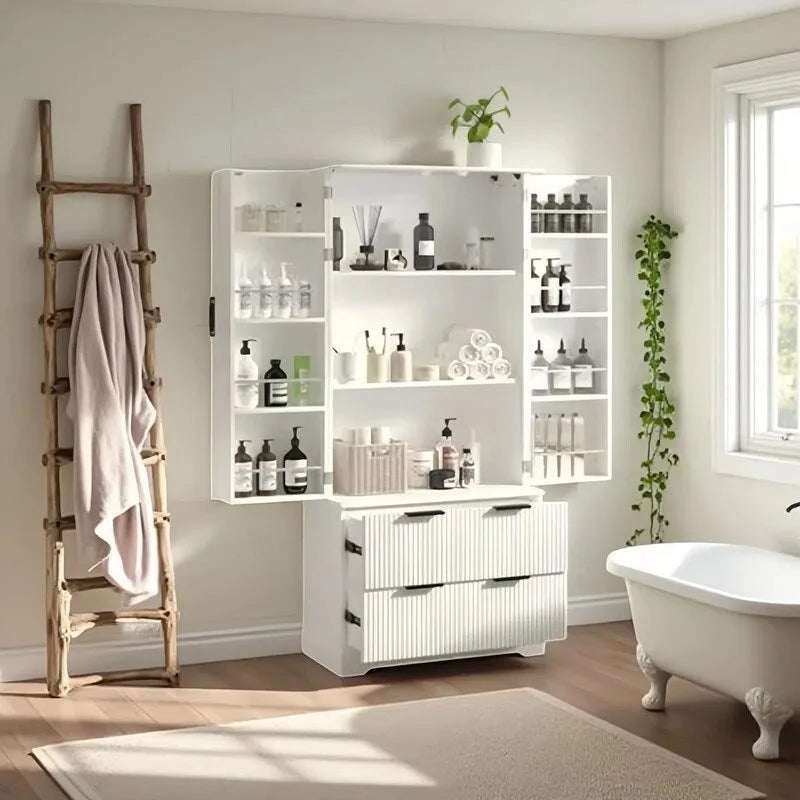 Meuble de Rangement pour Salle de Bain avec 2 Tiroirs, Étagère à 8 Compartiments et 3 Étagères