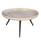 Table basse ronde à plateau amovible de 76 cm, bois de manguier artisanal, blanc délavé