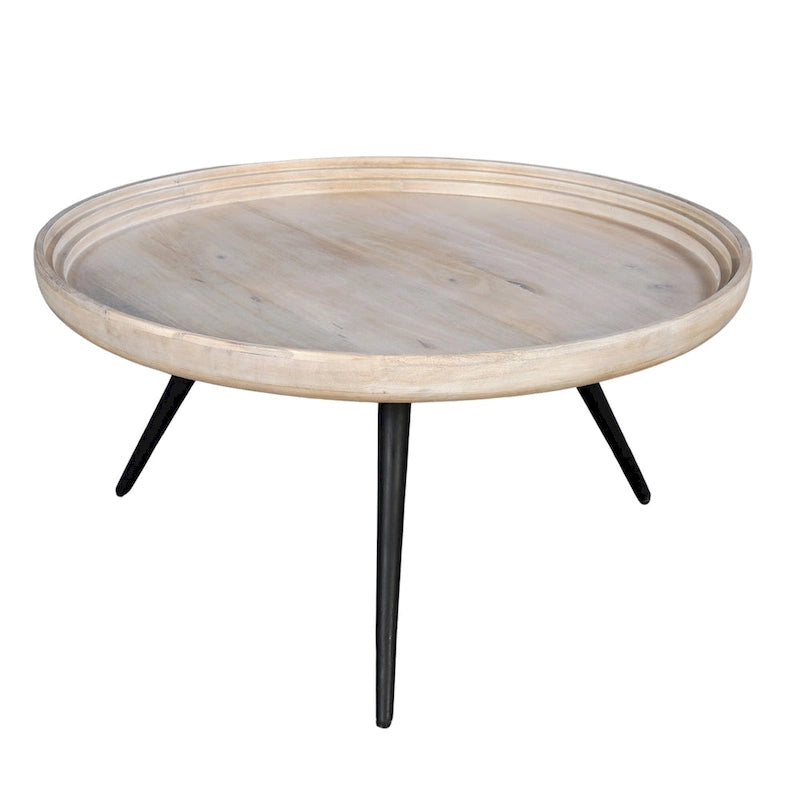 Table basse ronde à plateau amovible de 76 cm, bois de manguier artisanal, blanc délavé