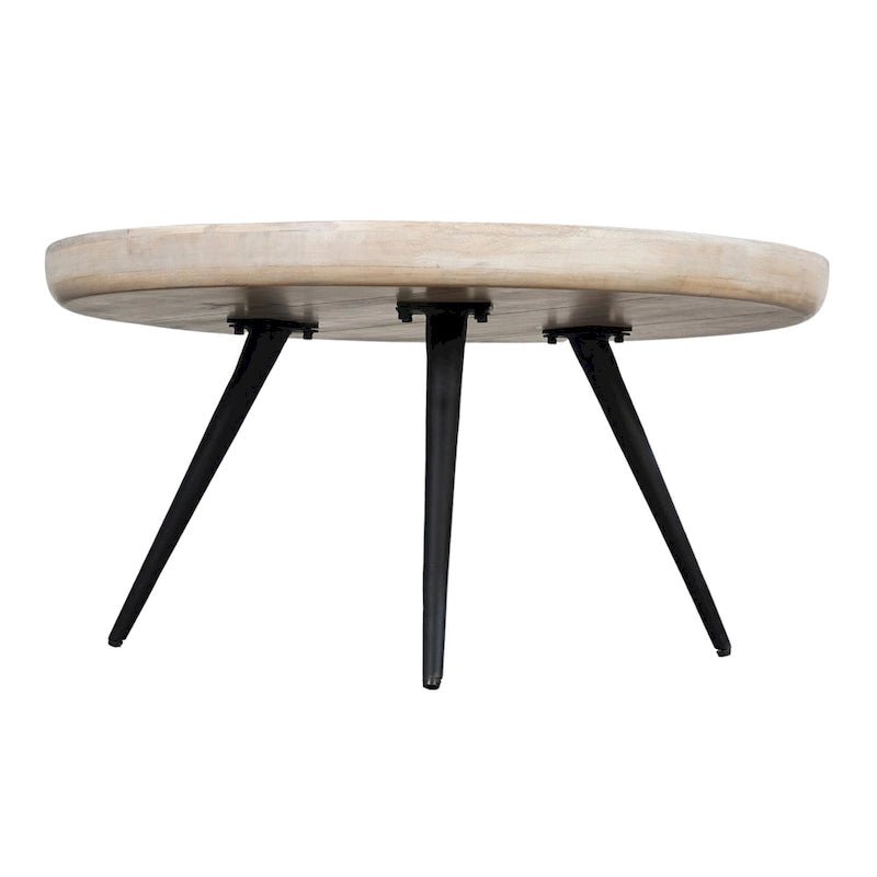 Table basse ronde à plateau amovible de 76 cm, bois de manguier artisanal, blanc délavé