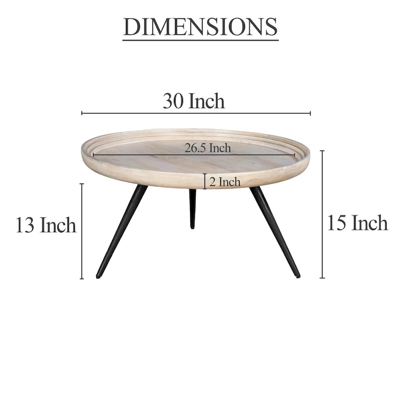 Table basse ronde à plateau amovible de 76 cm, bois de manguier artisanal, blanc délavé
