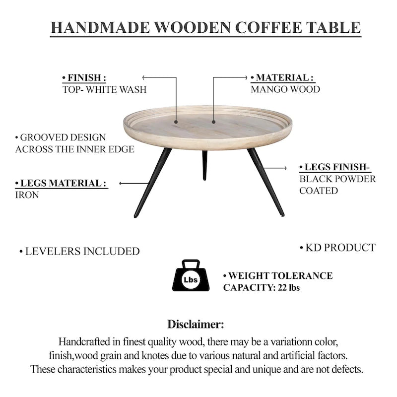 Table basse ronde à plateau amovible de 76 cm, bois de manguier artisanal, blanc délavé