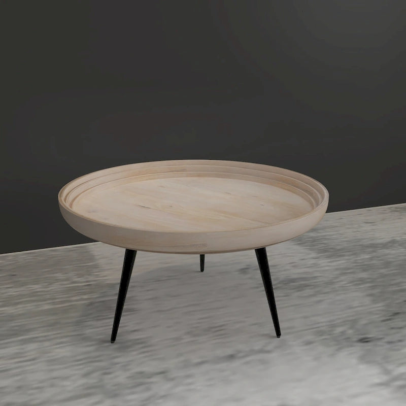 Table basse ronde à plateau amovible de 76 cm, bois de manguier artisanal, blanc délavé
