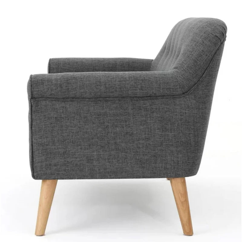 Causeuse incurvée avec dossier capitonné, tissu gris et pieds en bois