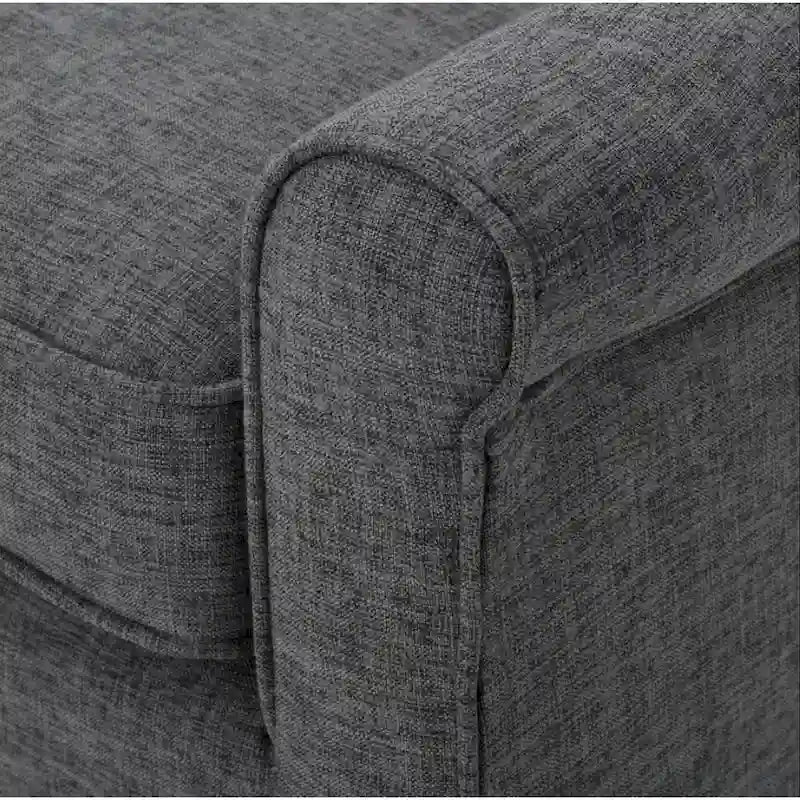 Causeuse incurvée avec dossier capitonné, tissu gris et pieds en bois