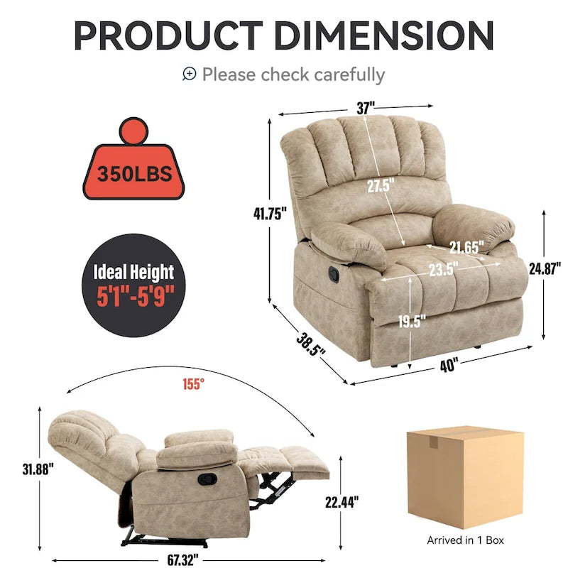 Fauteuil inclinable manuel surdimensionné avec levier latéral et dossier réglable