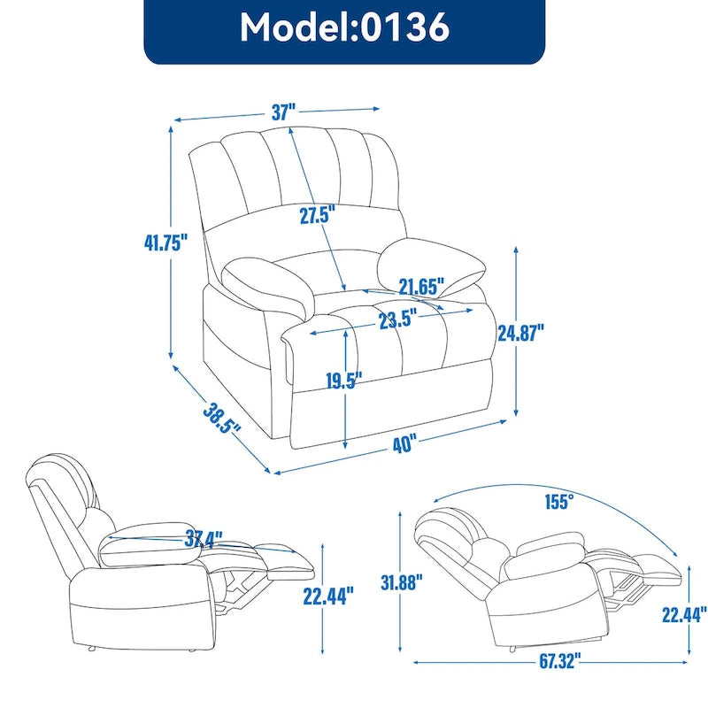 Fauteuil inclinable manuel surdimensionné avec levier latéral et dossier réglable