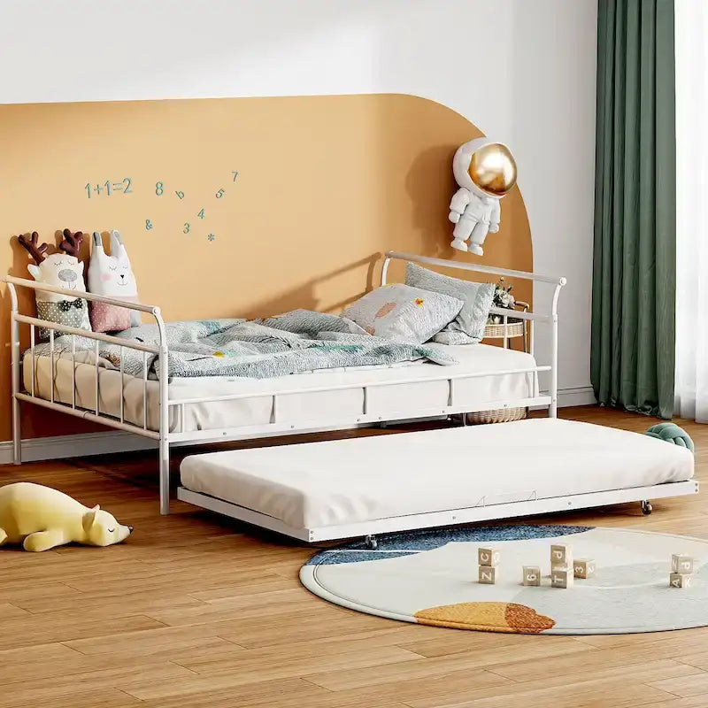 Lit de repos en métal avec poignée incurvée et lit gigogne double pour chambre à coucher