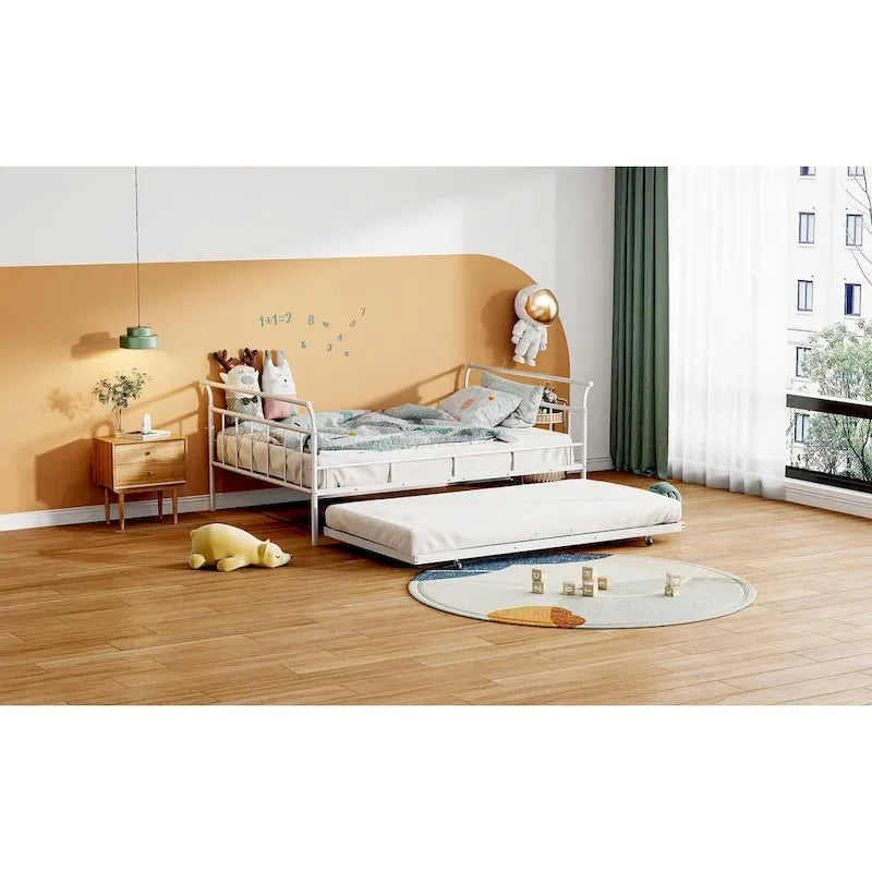 Lit de repos en métal avec poignée incurvée et lit gigogne double pour chambre à coucher