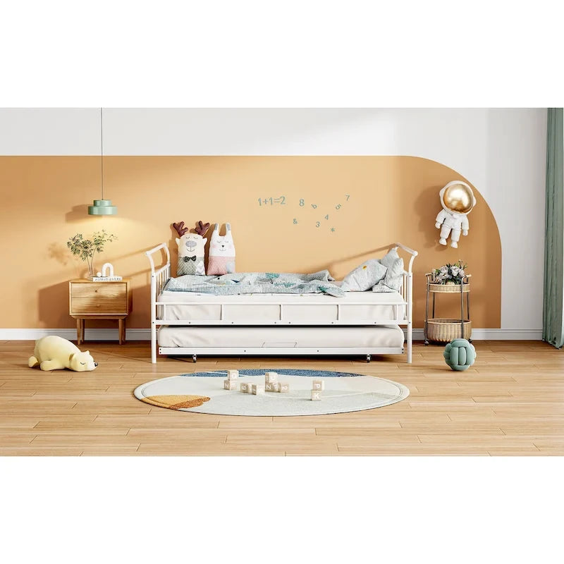 Lit de repos en métal avec poignée incurvée et lit gigogne double pour chambre à coucher