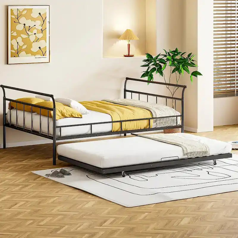 Lit de repos en métal avec poignée incurvée et lit gigogne double pour chambre à coucher