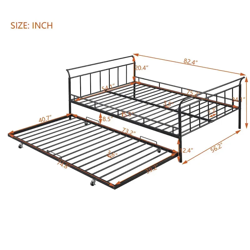 Lit de repos en métal avec poignée incurvée et lit gigogne double pour chambre à coucher