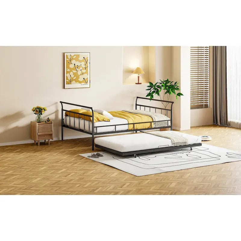 Lit de repos en métal avec poignée incurvée et lit gigogne double pour chambre à coucher