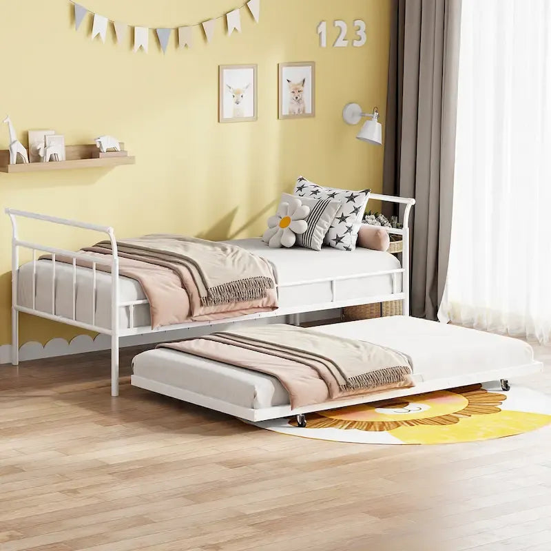 Lit de repos en métal avec poignée incurvée et lit gigogne double pour chambre à coucher