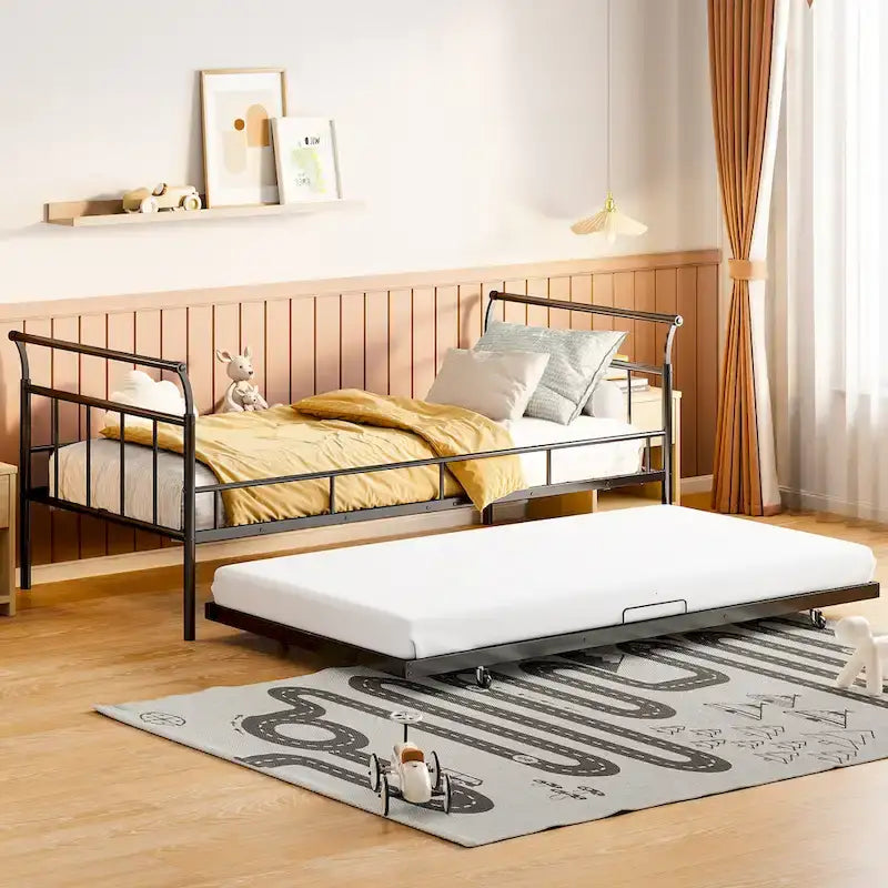 Lit de repos en métal avec poignée incurvée et lit gigogne double pour chambre à coucher