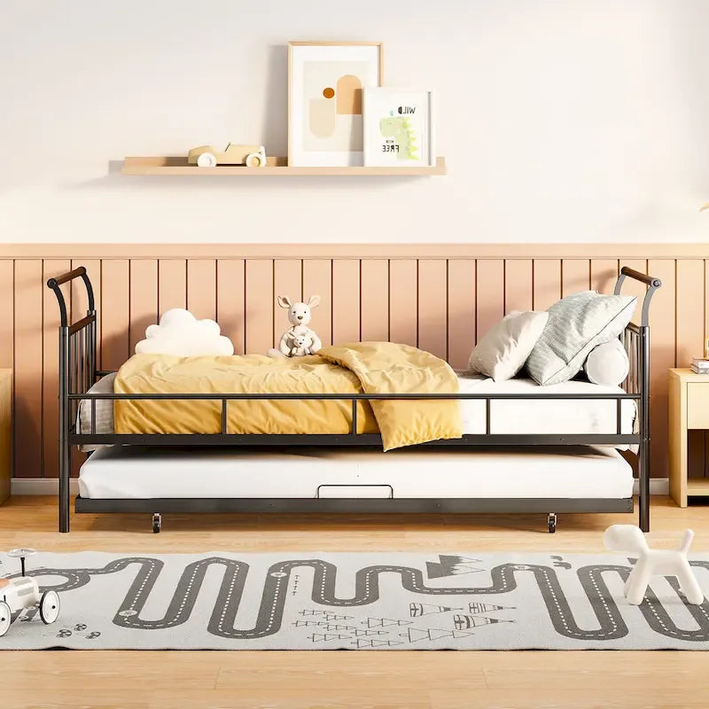 Lit de repos en métal avec poignée incurvée et lit gigogne double pour chambre à coucher