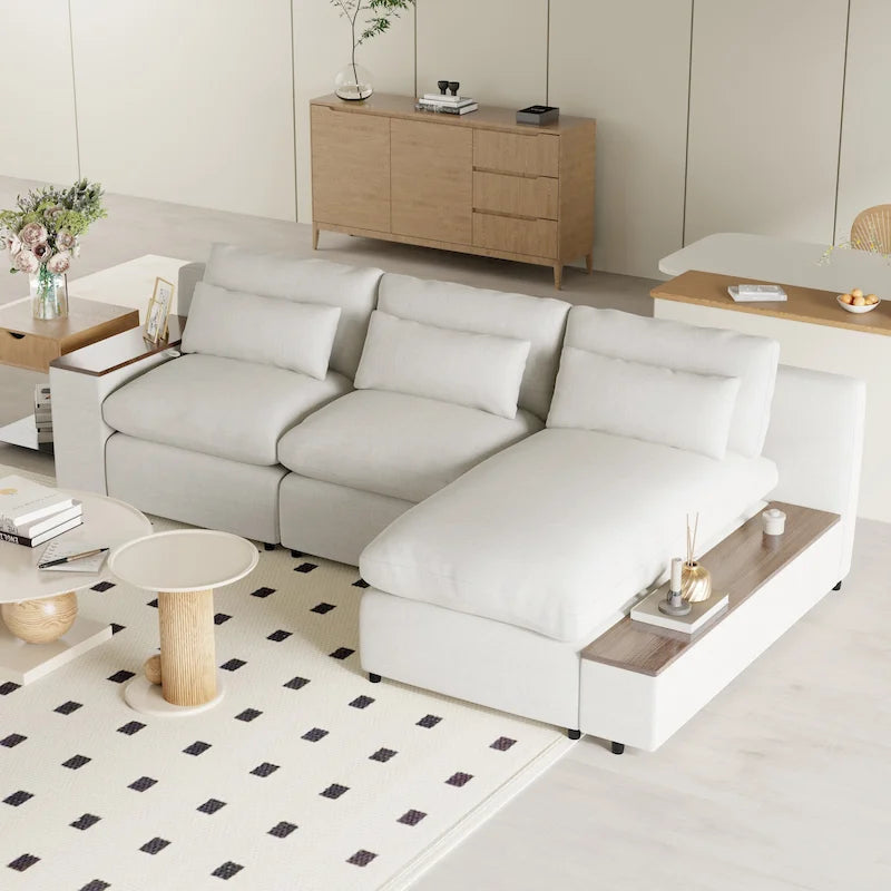 Canapé d'angle 3 places beige avec rangements