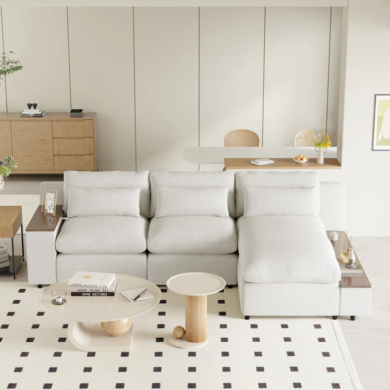 Canapé d'angle 3 places beige avec rangements