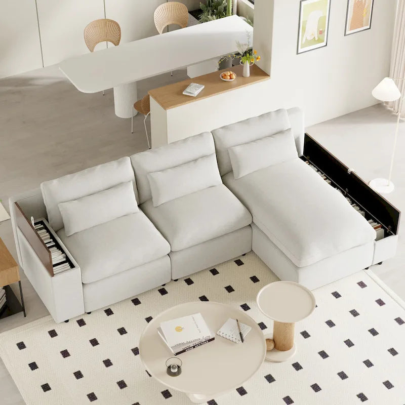 Canapé d'angle 3 places beige avec rangements