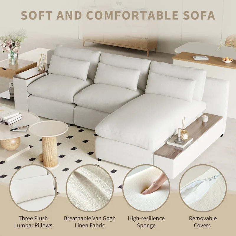 Canapé d'angle 3 places beige avec rangements