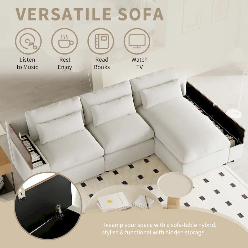 Canapé d'angle 3 places beige avec rangements