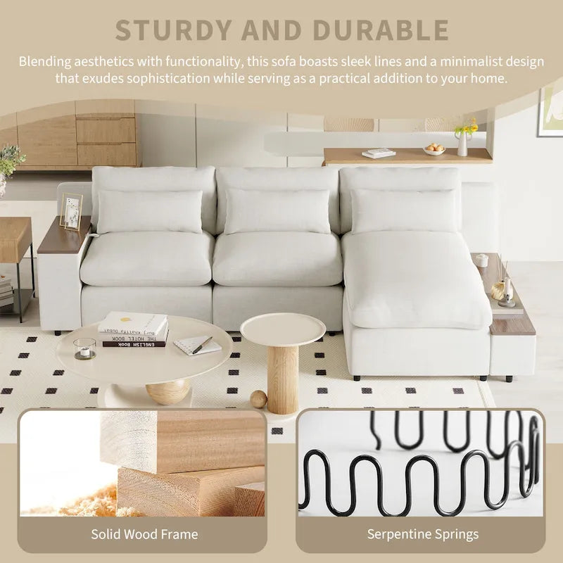 Canapé d'angle 3 places beige avec rangements