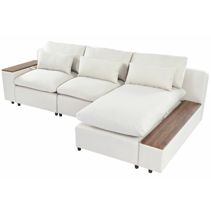 Canapé d'angle 3 places beige avec rangements