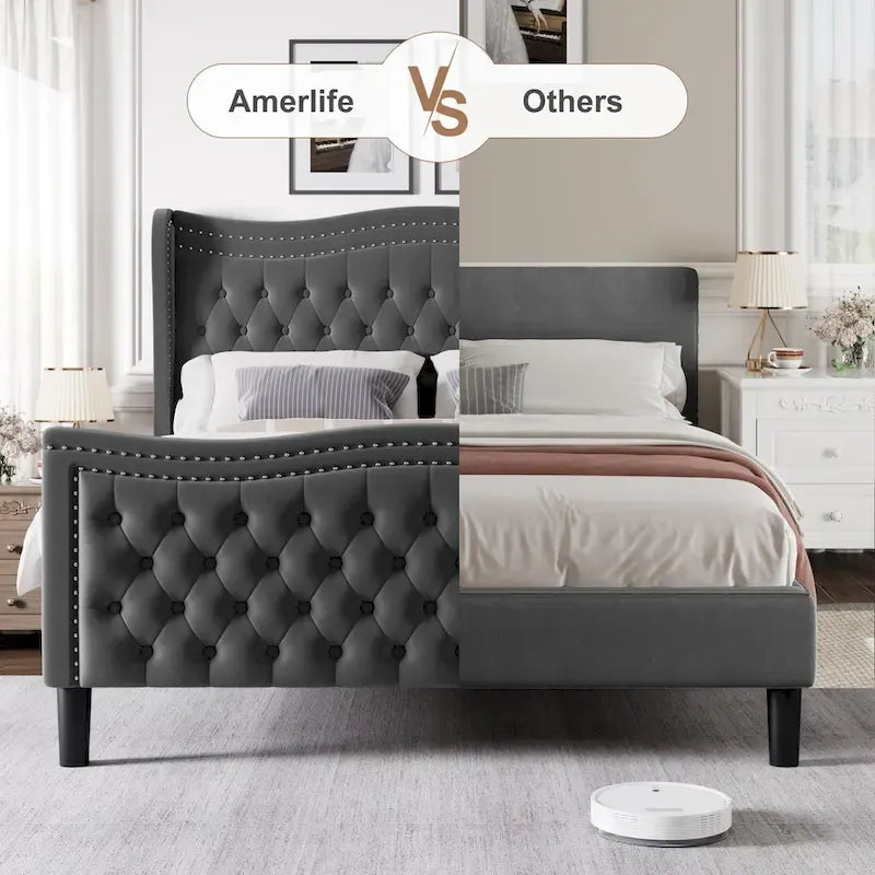 Lit plateforme en velours avec tête de lit capitonnée