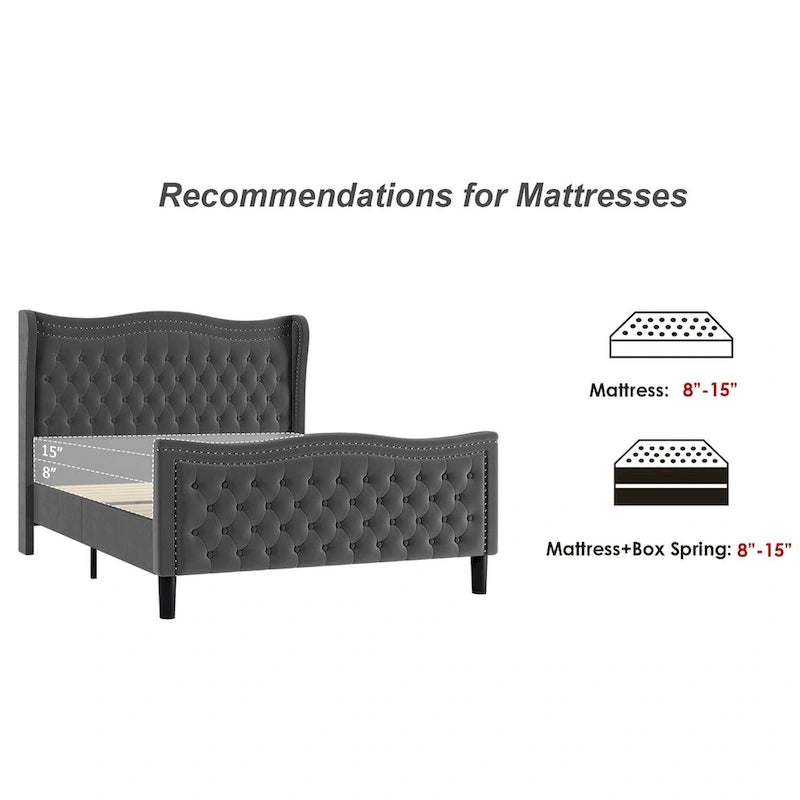 Lit plateforme en velours avec tête de lit capitonnée