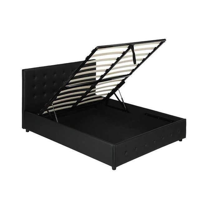 Lit double en similicuir avec rangement et tête de lit capitonnée