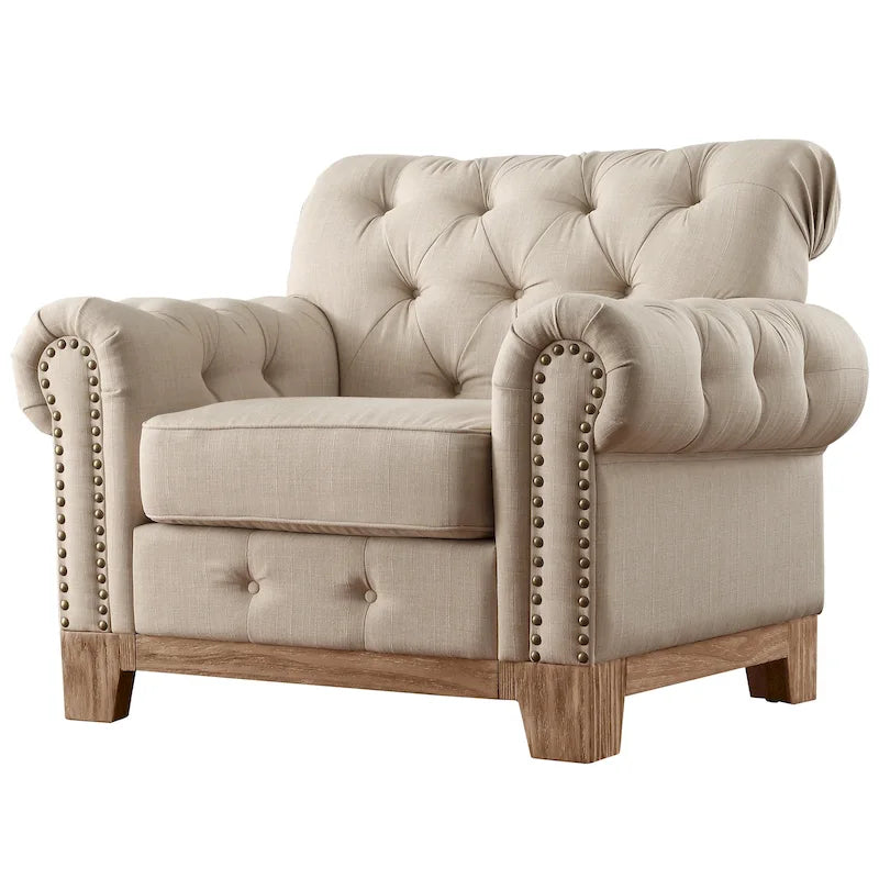 Fauteuil d'appoint capitonné à accoudoirs volutes et clous de tapissier