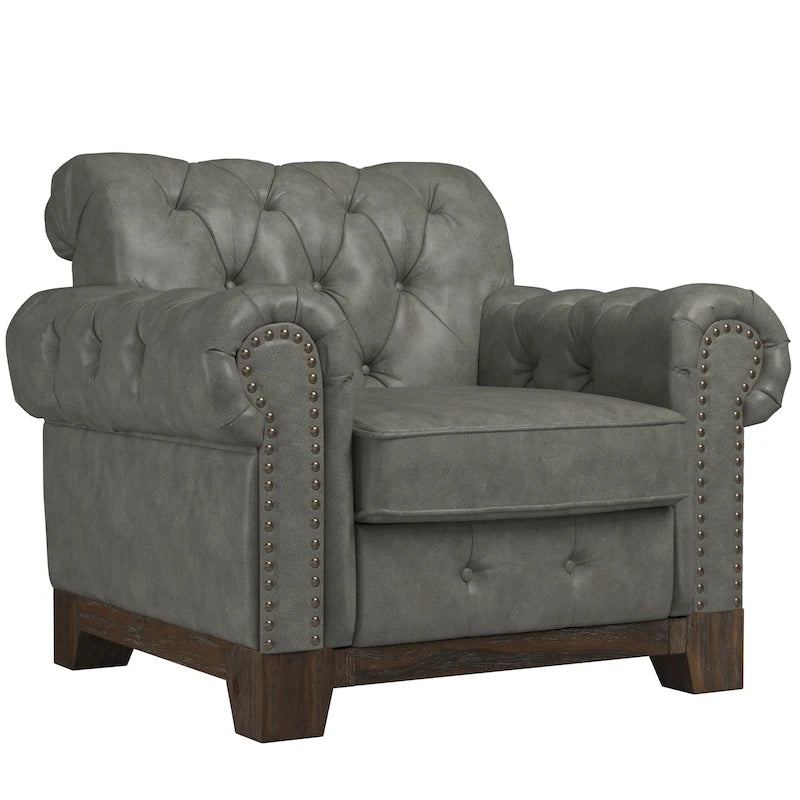 Fauteuil d'appoint capitonné à accoudoirs volutes et clous de tapissier