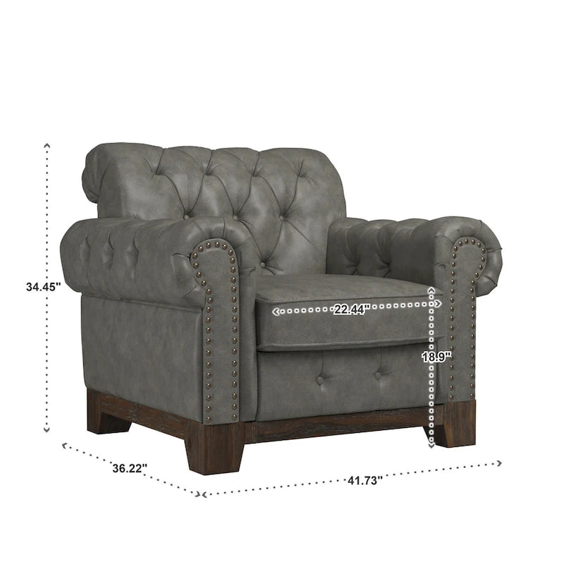 Fauteuil d'appoint capitonné à accoudoirs volutes et clous de tapissier