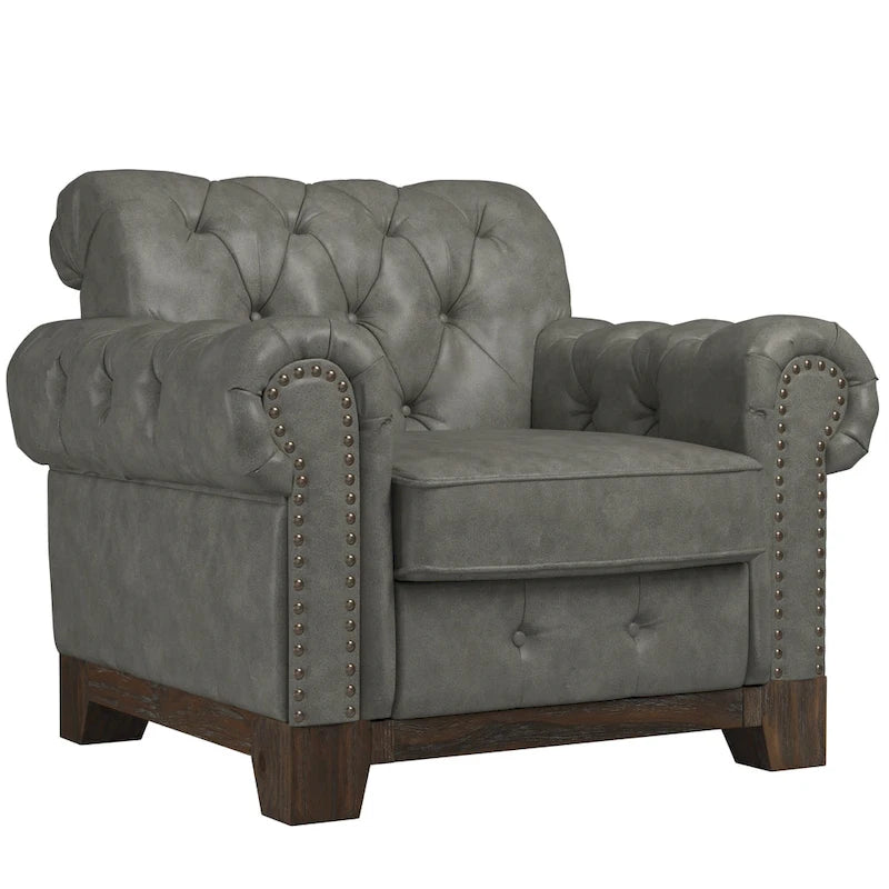 Fauteuil d'appoint capitonné à accoudoirs volutes et clous de tapissier
