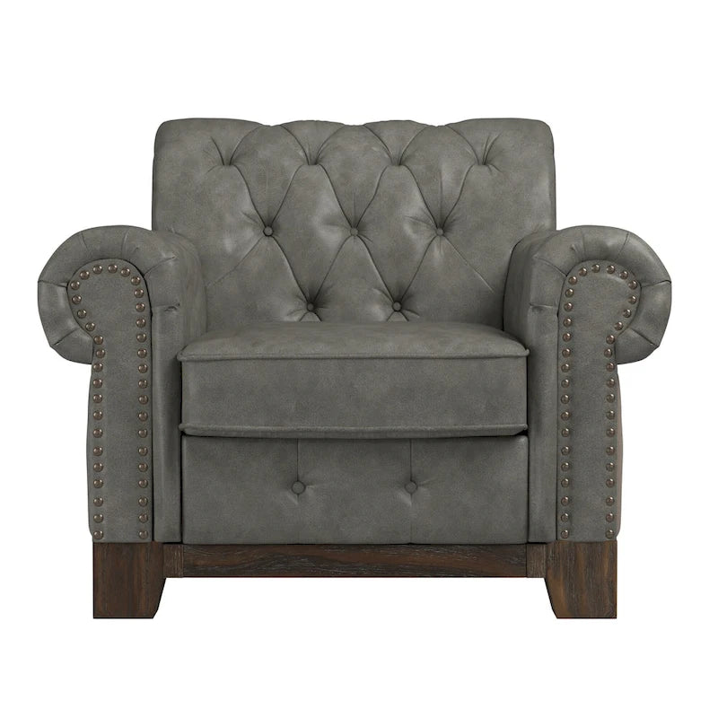Fauteuil d'appoint capitonné à accoudoirs volutes et clous de tapissier