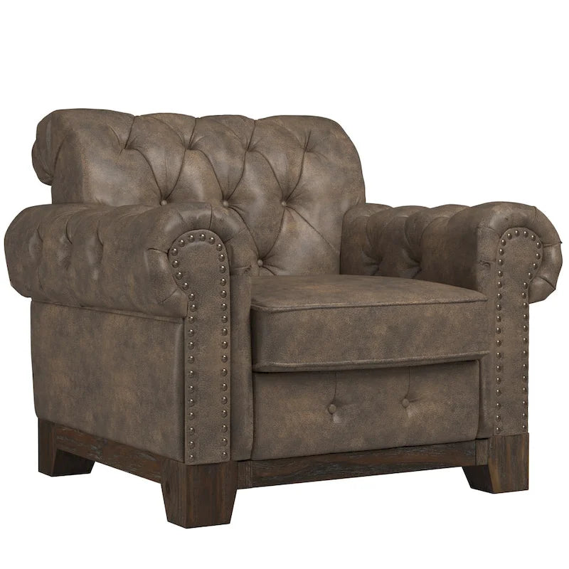 Fauteuil d'appoint capitonné à accoudoirs volutes et clous de tapissier