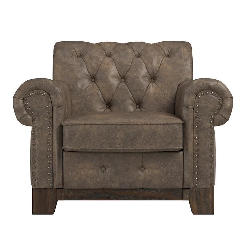 Fauteuil d'appoint capitonné à accoudoirs volutes et clous de tapissier