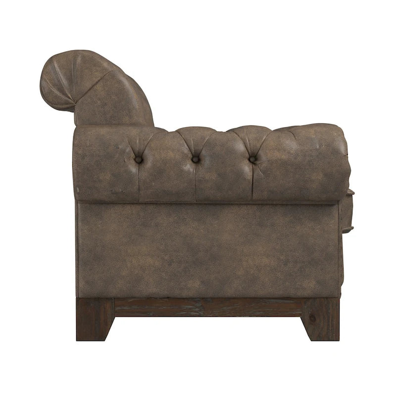 Fauteuil d'appoint capitonné à accoudoirs volutes et clous de tapissier