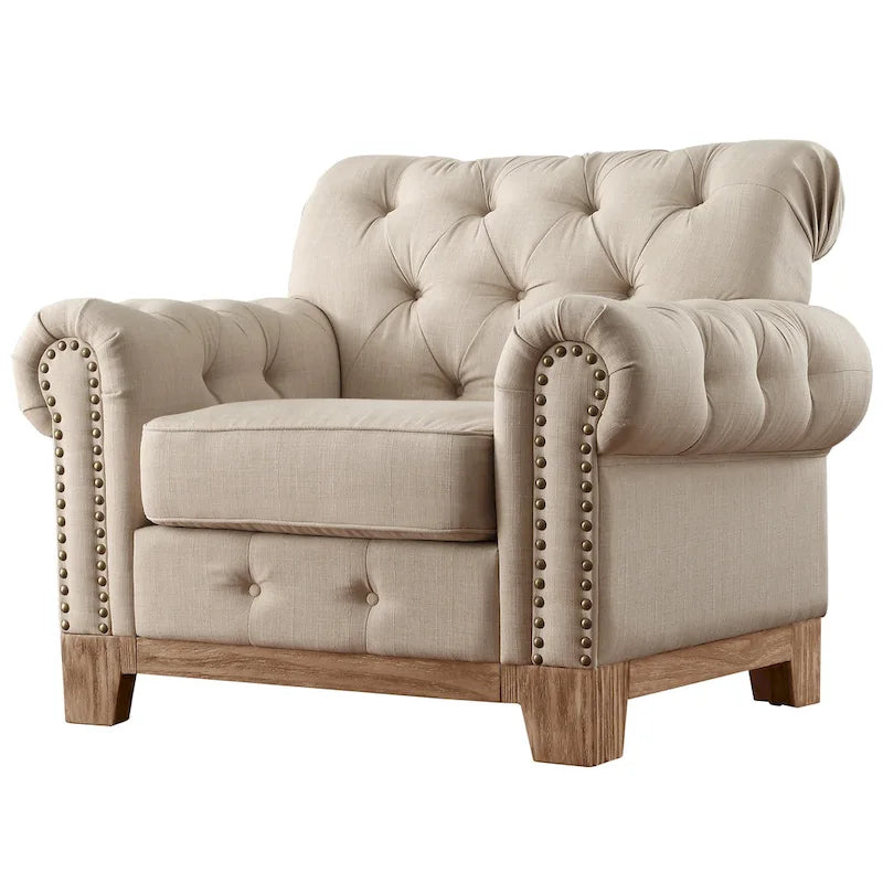Fauteuil d'appoint capitonné à accoudoirs volutes et clous de tapissier