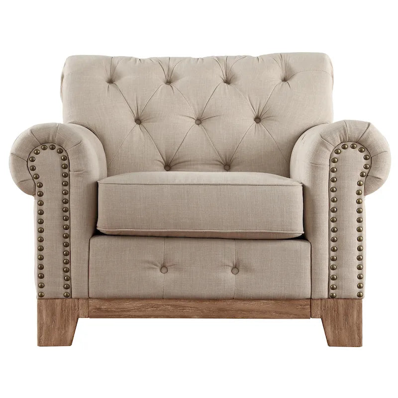 Fauteuil d'appoint capitonné à accoudoirs volutes et clous de tapissier