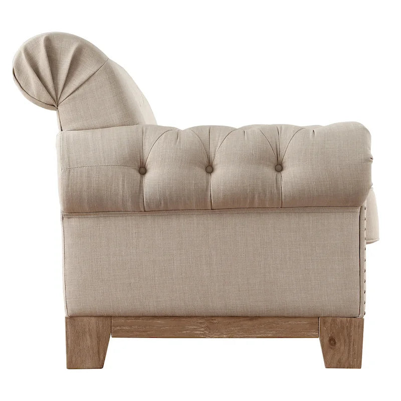 Fauteuil d'appoint capitonné à accoudoirs volutes et clous de tapissier