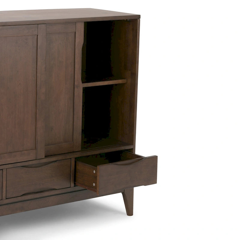 Meuble de rangement moderne du milieu du siècle de 122 cm de large avec portes coulissantes et tiroirs