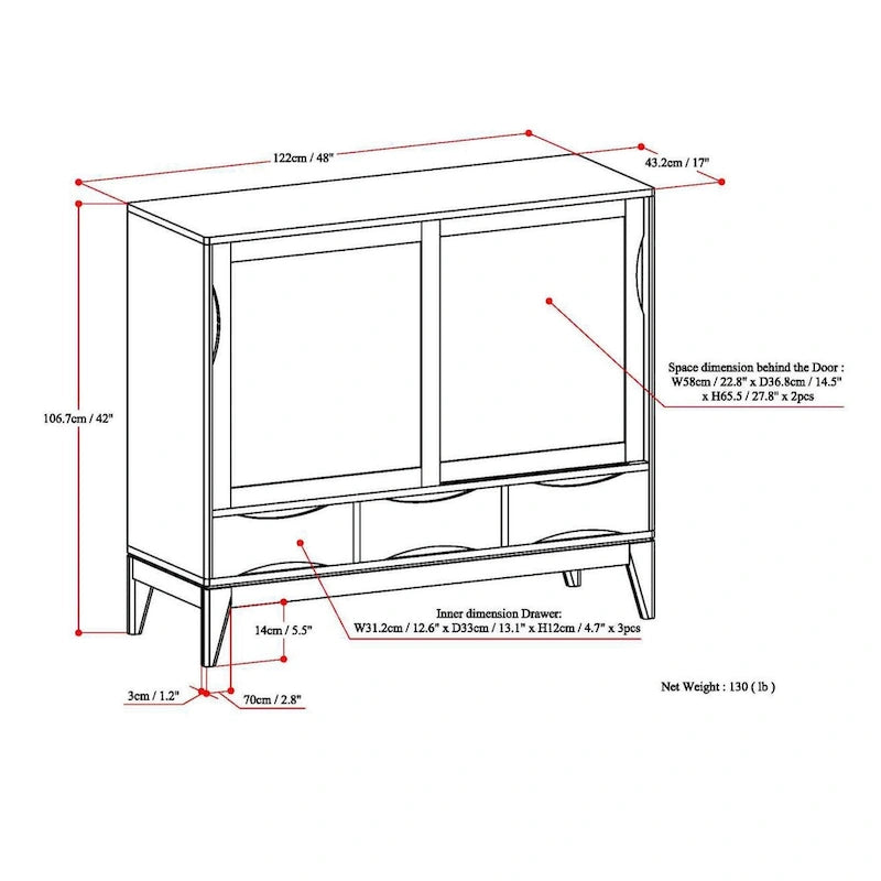 Meuble de rangement moderne du milieu du siècle de 122 cm de large avec portes coulissantes et tiroirs