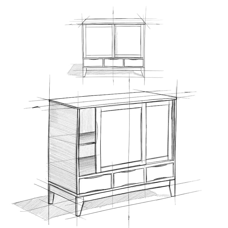 Meuble de rangement moderne du milieu du siècle de 122 cm de large avec portes coulissantes et tiroirs